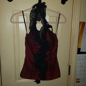 Maroon and black lace halter mesh neckline top